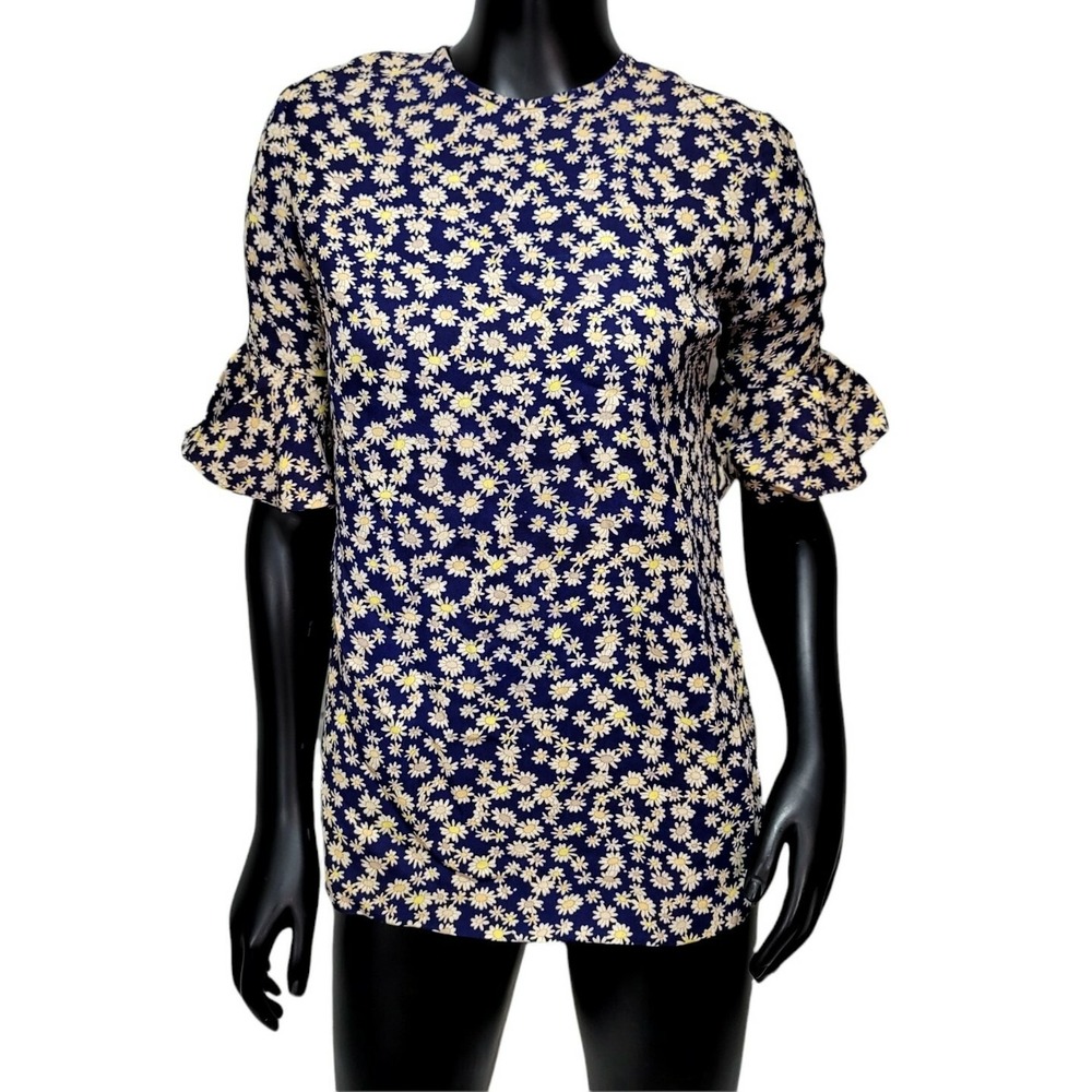 Vintage Handmade‎ Navy Blue Daisy Floral Pattern Blouse Ruffle Short Sleeves